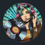 Grande Horloge Ronde Cool Pop Art Comic Style Girl avec Album de Vinyl<br><div class="desc">Pop art style bande dessinée fille avec casque sur l'écoute de la musique et un disque vinyle dans ses mains.</div>