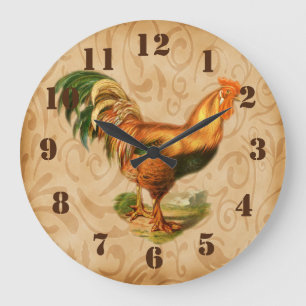 Grande Horloge Ronde Coq Orné de Cuisine de Campagne Rustique