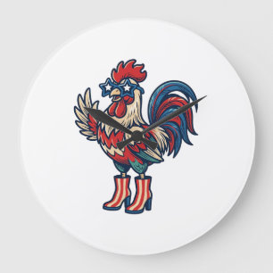Grande Horloge Ronde Coq Patriotique en Talons Gravure Vintage Chemise