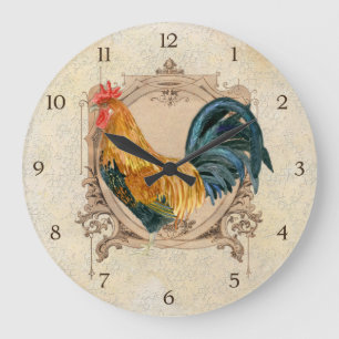 Grande Horloge Ronde Coq rustique de grange de pays français vintage de