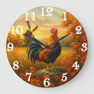 Grande Horloge Ronde Coq vibrant dans une récolte dorée