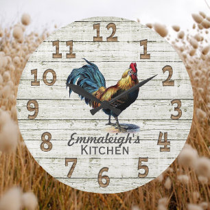 Grande Horloge Ronde Coq Vintage Bois Rustique Poulet Fil Monogramme