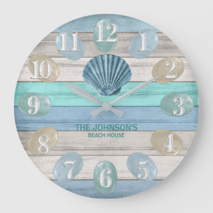 Grande Horloge Ronde Coquillage bleu et bois de plage Nautique - Turquo