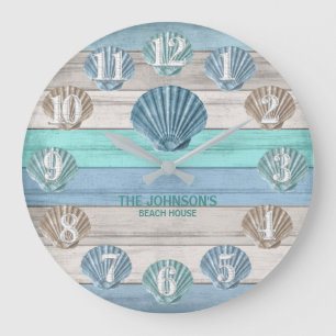 Grande Horloge Ronde Coquillage et bois de plage Nautique - Bleu sarcel