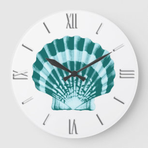 Grande Horloge Ronde Coquillage - nuances de bleu turquoise