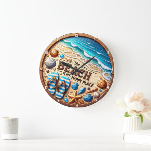 Grande Horloge Ronde Coquillages décoratifs sur le thème de la plage et