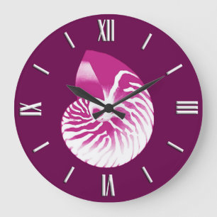 Grande Horloge Ronde Coquille de Nautilus - aubergine violet et blanc