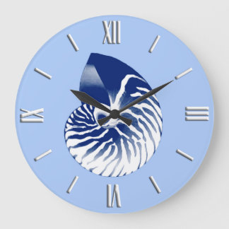 Grande Horloge Ronde Coquille de Nautilus - marine, blanc & bleu clair