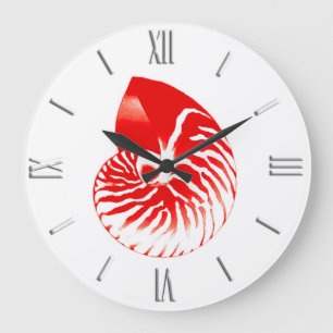 Grande Horloge Ronde Coquille de Nautilus - rouge foncé et blanc