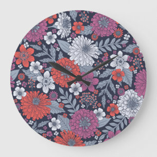 Grande Horloge Ronde Corail, Magenta et Zinnias bleu