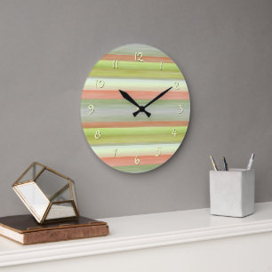 Grande Horloge Ronde Corail Orange Vert Citron Rayures Motif Aquarelle