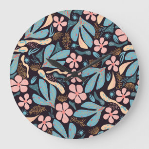 Grande Horloge Ronde Coral Blue Floral Dark Print