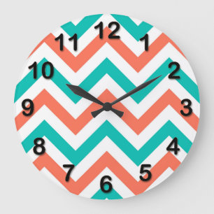 Grande Horloge Ronde Coral, Teal, White Large Chevron Zig Zag