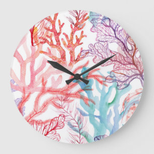 Grande Horloge Ronde Coraux aquarelles : motif du monde sous-marin.