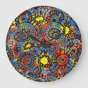Grande Horloge Ronde Coraux ovals colorés vifs Art abstrait original