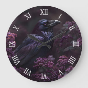 Grande Horloge Ronde Corbeau gothique Fleurs pourpres