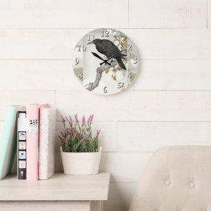 Grande Horloge Ronde Corbeau Koson Oiseau Japonais Corbeau
