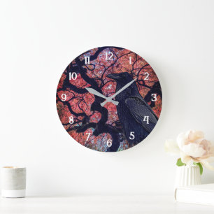 Grande Horloge Ronde Corbeau noir et érable japonais noueux