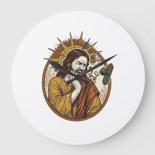 Grande Horloge Ronde Cordon d'écouteur de Jésus coincé par une poignée