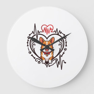 Grande Horloge Ronde Corgi Chien Cœur Battement de cœur Ekg Nœud papill