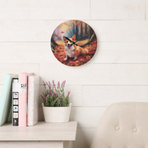 Grande Horloge Ronde Corgi dans les feuilles d'automne chute inspire