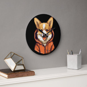 Grande Horloge Ronde Corgi Drôle Portant un Sweat à Capuche