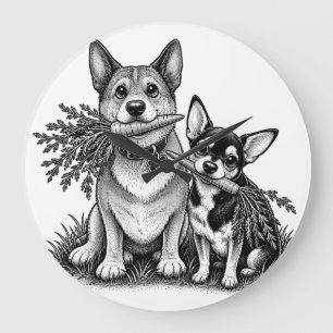 Grande Horloge Ronde Corgi et Chihuahua végan avec des carottes