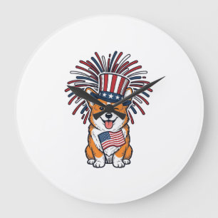 Grande Horloge Ronde Corgi patriote feux d'artifice Chien Conception ve