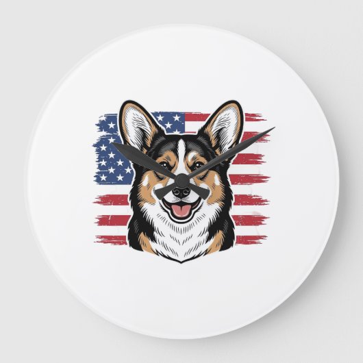 Grande Horloge Ronde Corgi patriotique drapeau américain vecteur vintag (Recto)