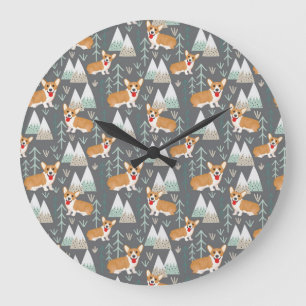 Grande Horloge Ronde Corgis dans les montagnes et Motif forestier