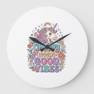 Grande Horloge Ronde Corne Groovy Licorne Bonnes Vibrations Charmant PO