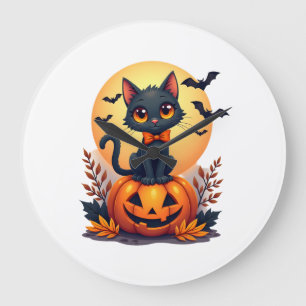 Grande Horloge Ronde Costume de Halloween Citrouille Chat Noir Rétro Au