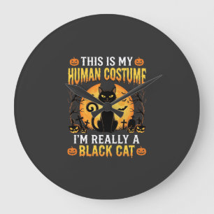 Grande Horloge Ronde Costume humain Halloween Cimetière de chat noir