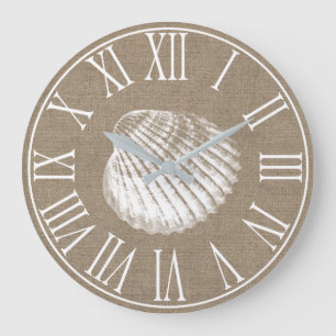 Grande Horloge Ronde Côte Elégante Faux Burlap & White Seashell