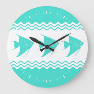Grande Horloge Ronde Côte Turquoise Blanc Grille Motif