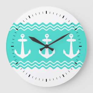Grande Horloge Ronde Côte Turquoise Stripe Ancre Nautique