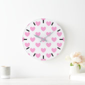 Grande Horloge Ronde Coton Candy Pink coeurs sur blanc (Maison)