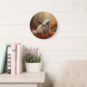 Grande Horloge Ronde Coton De Tulear dans les feuilles d'automne qui to
