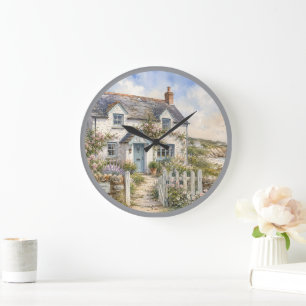 Grande Horloge Ronde Cottage de bord de mer personnalisé à l'aquarelle