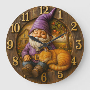 Grande Horloge Ronde Cottage de gnome endormi et chat
