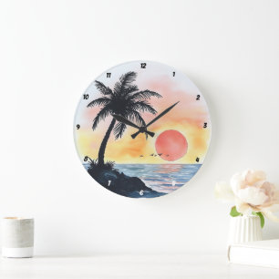 Grande Horloge Ronde Coucher de soleil tropical Océan avec palmiers