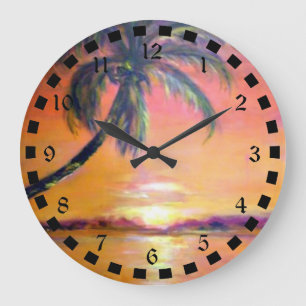 Grande Horloge Ronde Coucher de soleil tropical, peinture d'art