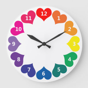 Grande Horloge Ronde Couleur arc-en-ciel colorée Coeurs sur blanc