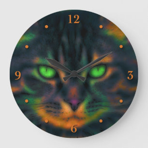Grande Horloge Ronde Couleur floue vert Yeux Pop Art Pet Cat