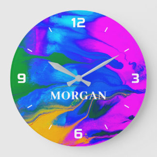 Grande Horloge Ronde Couleurs Abstraites à la mode Numéro de nom