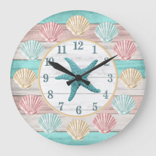 Grande Horloge Ronde Couleurs de plage mignonnes avec Coquillages Grand