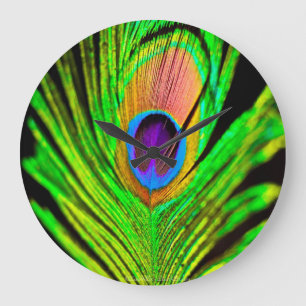 Grande Horloge Ronde Couleurs Néon Plume de Paon
