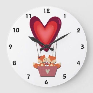 Grande Horloge Ronde Couple de Fox mignon dans le ballon d'air du coeur