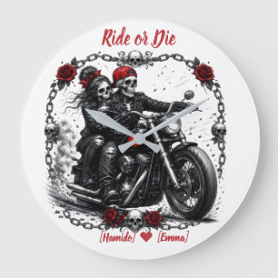 Grande Horloge Ronde Couple de squelettes personnalisés "Ride or Die"