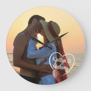 Grande Horloge Ronde Couple Love Heart Photo Names